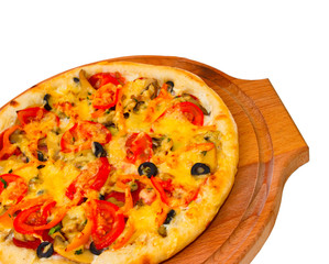 Wall Mural - Appetizing pizza with cheese on wooden tray, close-up