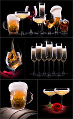 Poster - set with different drinks on black background