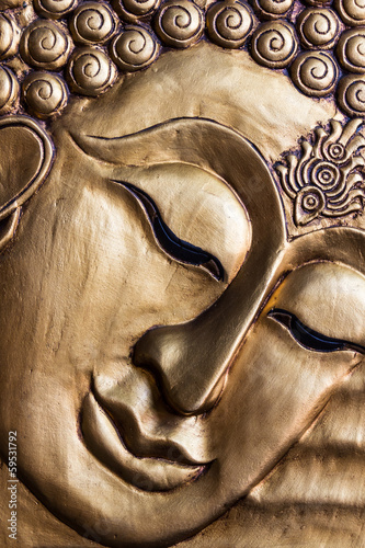 Obraz na płótnie canvas trzyczęściowy "tryptyk" Twarz lwa buddha rzeźba w drewnie.