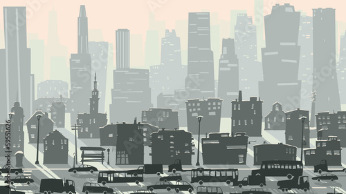 Fototapeta na wymiar Abstract childish illustration of big city with cars.