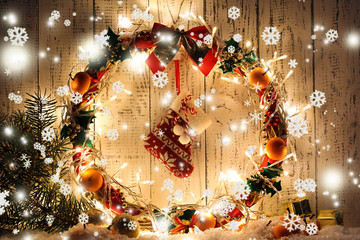 Wall Mural - Beautiful Christmas wreath, on wooden background