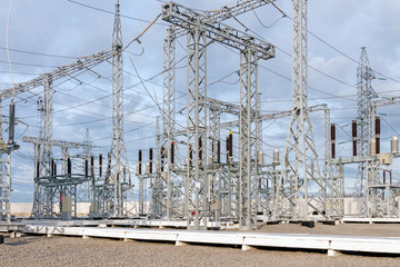 High voltage electric power substation in autumn day