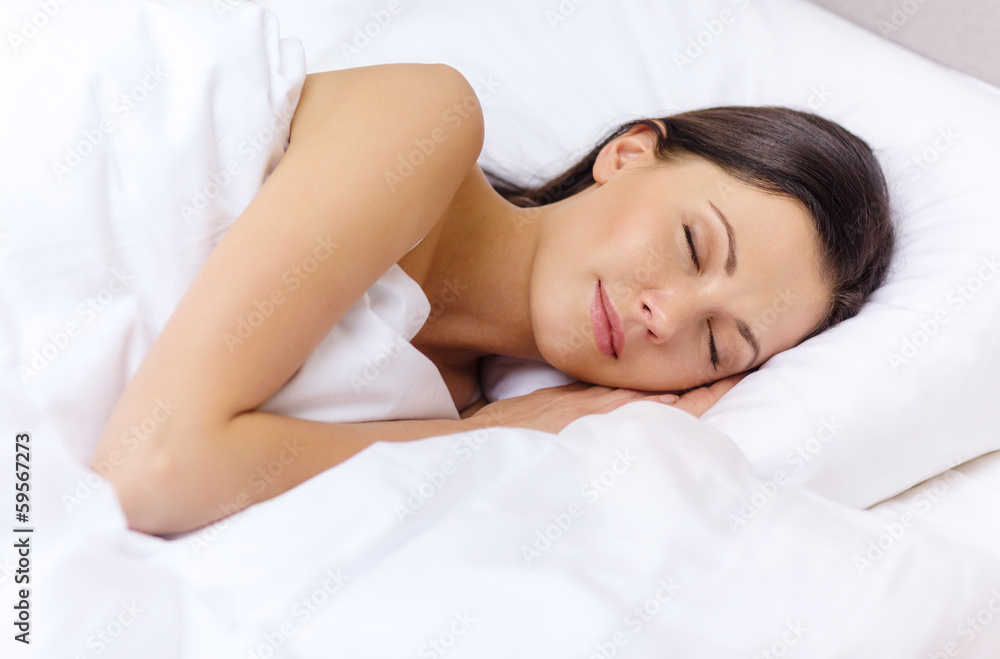 beautiful woman sleeping in bed - obrazy, fototapety, plakaty 