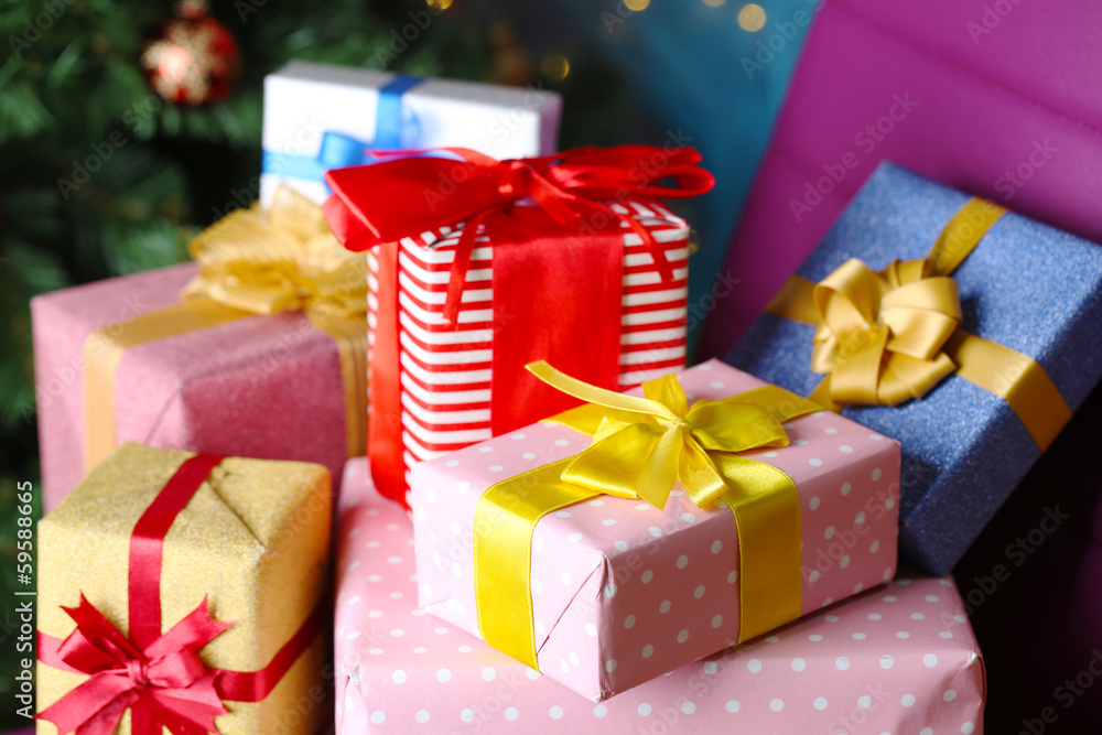 Christmas gift boxes on Christmas tree background