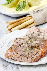 Poster - Raw salmon with herbs. Preparing meal