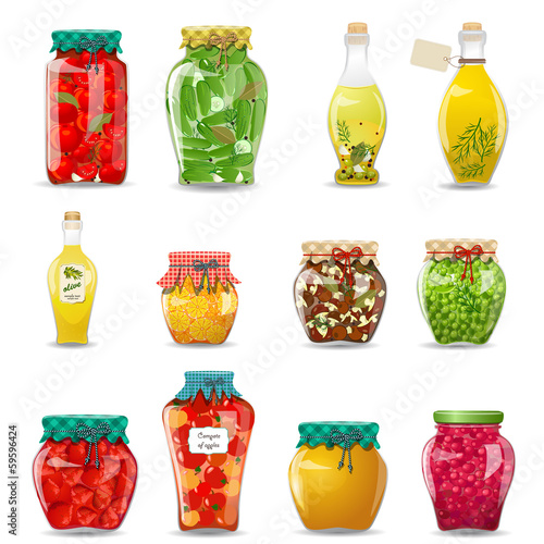Fényképezés Set of glass jars with preserved vegetables, mushrooms, fruit an