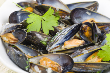 Moules Marinieres - Mussels cooked with white wine sauce.