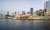 Fototapeta Londyn - Waterfront Piers Dock Buildings Ferris Wheel Seattle