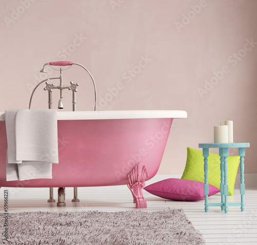 Fotomural Classic pink bathtub with a stool and aged wood floor