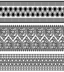 Indian Henna Border decoration elements patterns in black and white colors. Popular ethnic border in one mega pack set collections. Vector illustrations.Could be used as divider, frame, etc