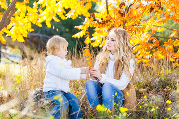 Young mother playing with her daughter in autumn park