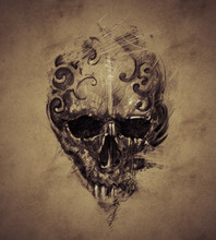 Tattoo Skull Over Vintage Paper, Design Handmade