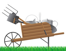 Wooden Old Retro Garden Wheelbarrow With Tool Vector Illustratio