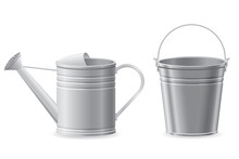 Metal Watering Can And Bucket Vector Illustration