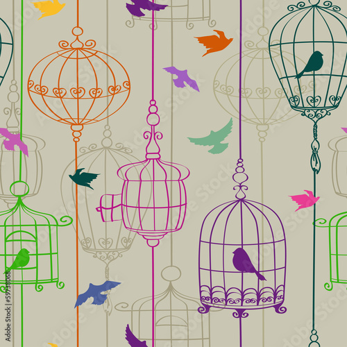 Plakat na zamówienie Seamless pattern of birds and cages