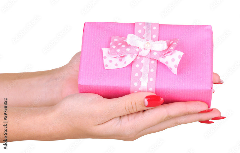 woman holds  box with gift on white background close-up