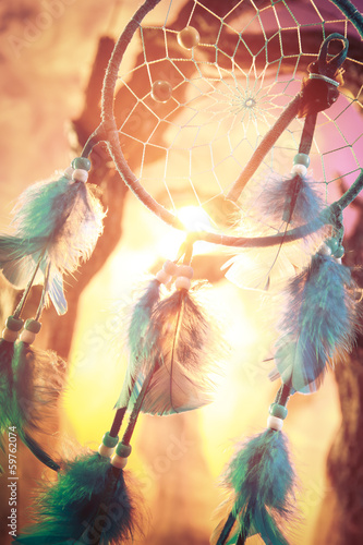 Obraz na płótnie canvas czteroczęściowy "tetraptyk" Dreamcatcher w lesie o zachodzie słońca