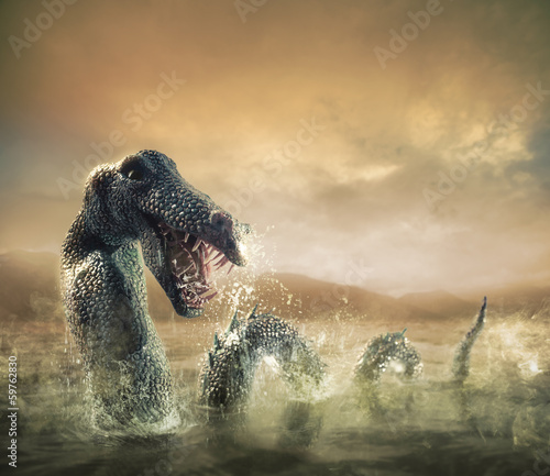 Obraz na płótnie canvas czteroczęściowy "tetraptyk" Straszny potwór loch ness wyłania się z wody