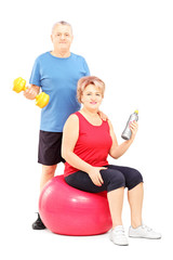 Poster - Mature man and woman posing with exercising equipment