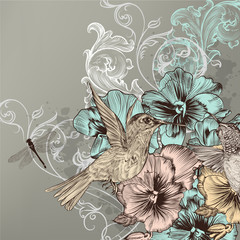 Poster - Elegant floral background with flowers and humming birds