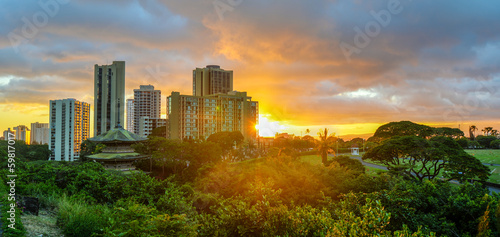 Tapeta ścienna Zachód słońca w waikiki, oahu, hawaje