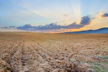 autumn field on the sunset, ready ground soil for seeding