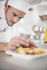 Wall Mural - closeup on chef garnishing a plate