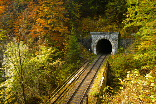 Board z aluminiowym obramowaniem Stary ceglany tunel w górach na jesieni