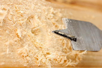 Wall Mural - Close-up image of drilling hole on wooden plank