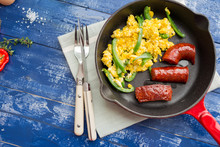Scrambled Eggs With Green Peppers And Chorizo Sausages