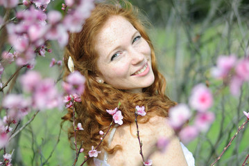Fototapete - beautiful red-haired girl among the flowering trees