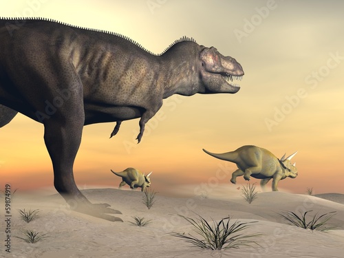 Fotoboard na płycie Triceratops ucieka z tyrannosaurus-3d