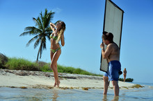 Bikini Model Posing At Tropical Beach