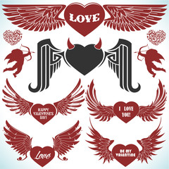 Wall Mural - Valentines vector set with wings.