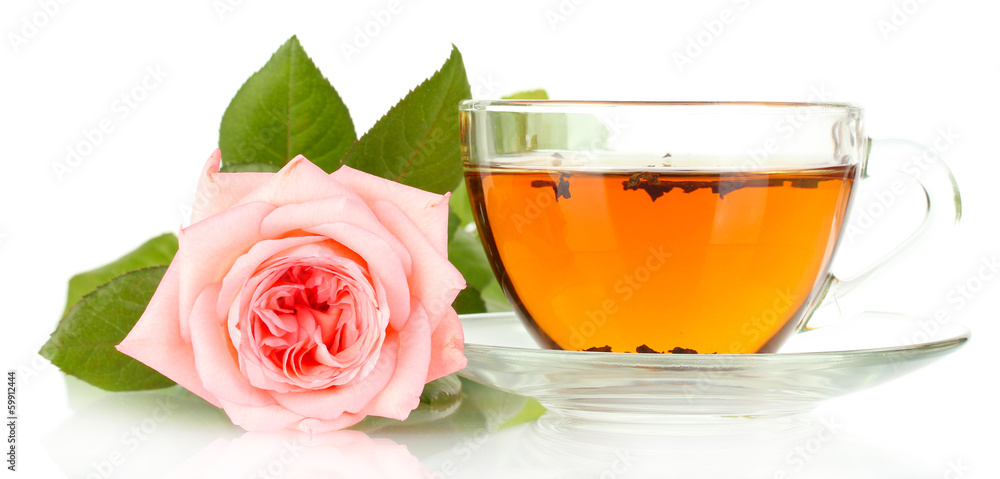 cup of tea with rose isolated on white