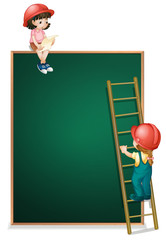 Canvas Print - A girl sitting above the empty board and a girl climbing the lad