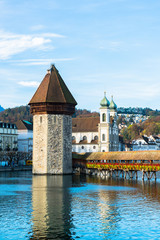 Wall Mural - wooden Chapel bridge and old town of Lucerne, Switzerland