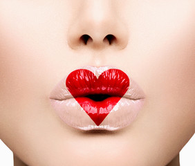Poster - beauty sexy lips with heart shape paint. valentines day