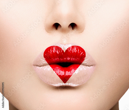 Obraz w ramie Beauty Sexy Lips with Heart Shape paint. Valentines Day