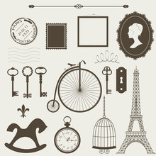 Vintage Objects Silhouettes Vector Set.