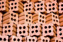 Brick Kiln. Collection Set Of Red Bricks Stack In Oven Factory B