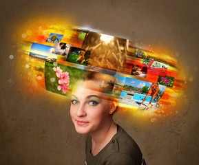 girl with colorful glowing photo memories concept