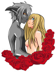 A human and demon couple is facing in the rose frame (vector)