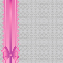 Gray Background With Pattern And Pink Ribbon.