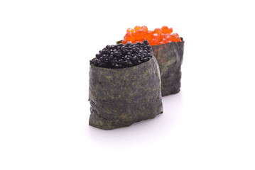 Two Gunkan Maki with Caviar isolated on white