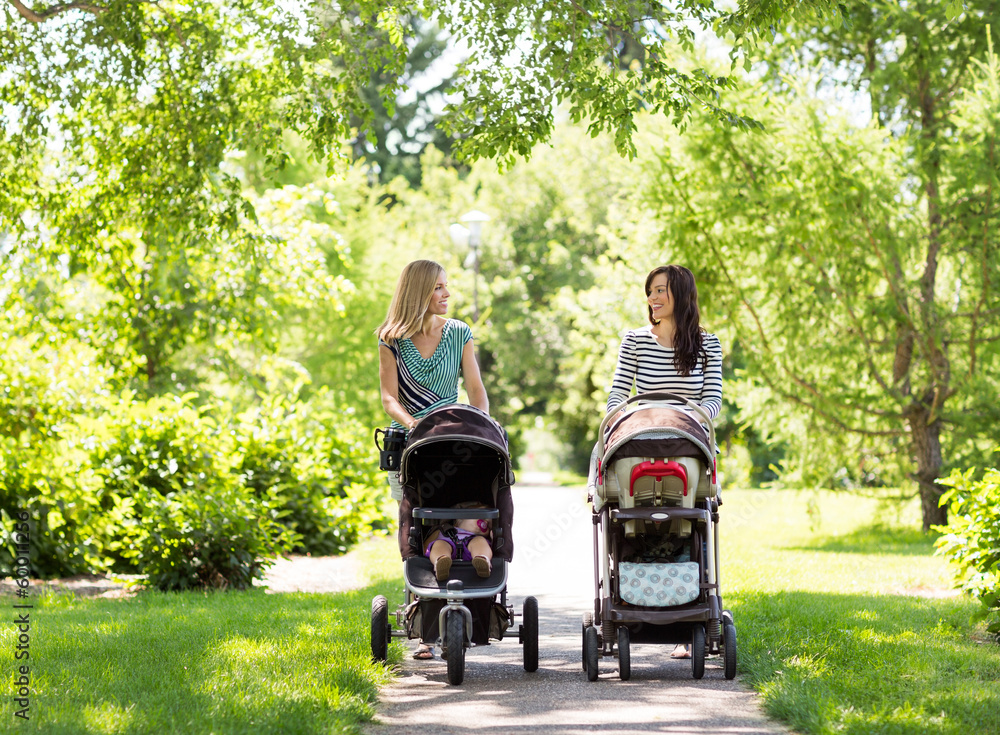 Mothers With Baby Carriages Walking In Park - obrazy, fototapety, plakaty 