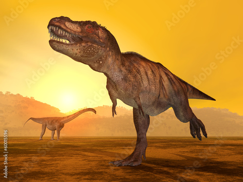 Fotoboard na płycie Tyrannosaurus rex i puertasaurus