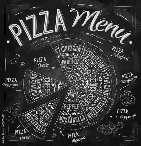 Fototapeta na wymiar The names of dishes of Pizza drawing with chalk on blackboard