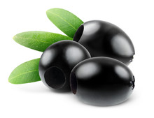 Isolated Olives. Three Pitted Black Olive Fruits Isolated On White Background