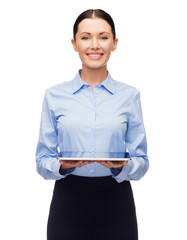 Canvas Print - smiling businesswoman with blank tablet screen